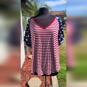 Patriotic T-shirt 2xl Ladies Short Sleeve V Neck Red White Blue Stars & Stripes